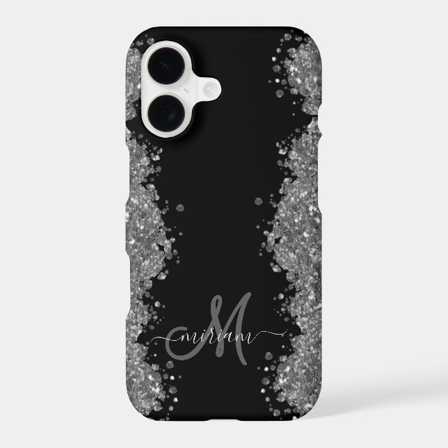 Black Silver Faux Glitter Grey Modern Monogram (Verso)