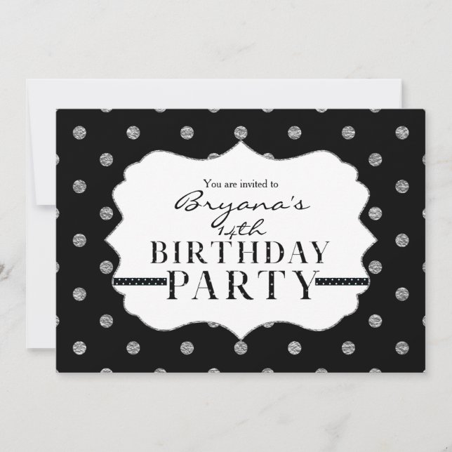 Black & Silver Faux Polka Dots Party Invitation (Front)
