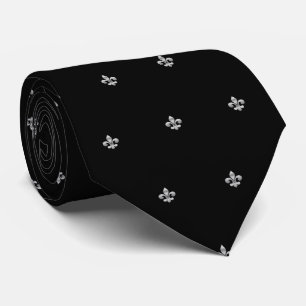 Black silver Fleur de Lis, French Lili pattern Tie