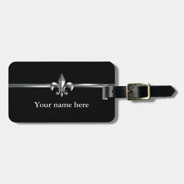 Black Silver Fleur de Lis Luggage Tag (Front Horizontal)