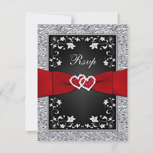 Black Silver Floral Hearts FAUX Foil RSVP Card (Front)
