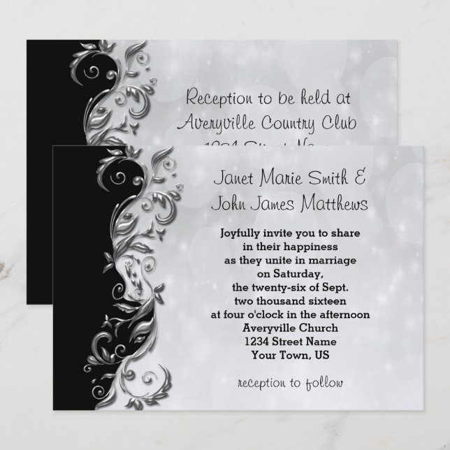Black & Silver Floral Wedding Design Invitation (Front/Back)