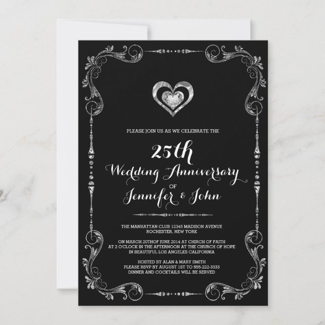 Black & Silver Frame, Heart Silver Anniversary Invitation (Front)