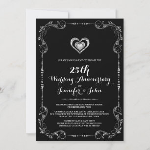 Black & Silver Frame, Heart Silver Anniversary Invitation