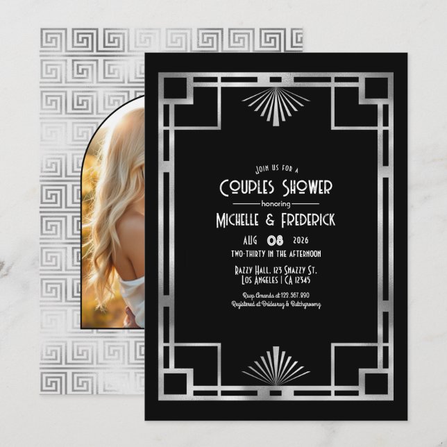 Black & Silver Gatsby Art Deco Couples Shower Invitation (Front/Back)
