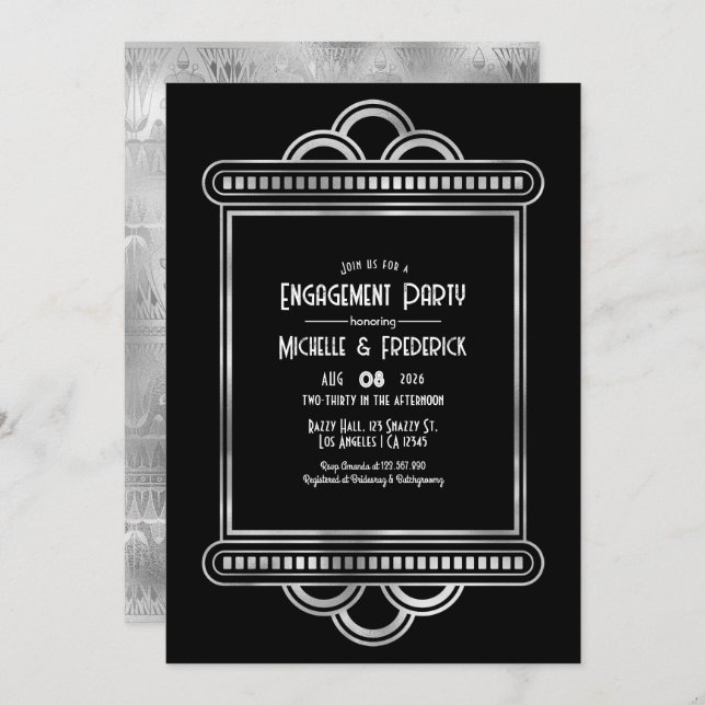 Black & Silver Gatsby Art Deco Engagement Party Invitation (Front/Back)