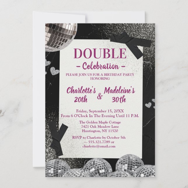 Black Silver Glamour Disco  Joint Birthday Invitation (Front)