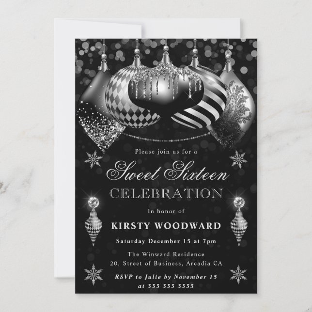 Black Silver Glitter Baubles Christmas Sweet 16 Invitation (Front)