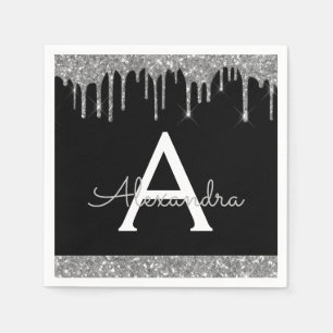 Black Silver Glitter Black Monogram Birthday Napkin