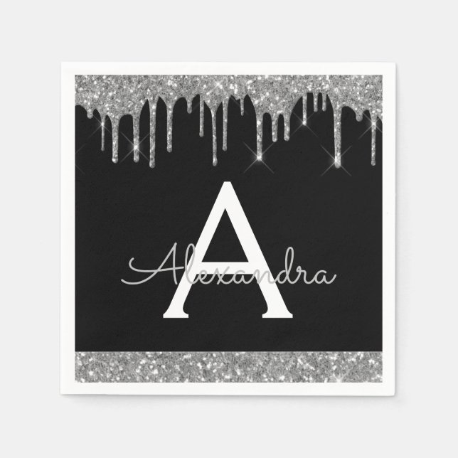 Black Silver Glitter Black Monogram Birthday Napkin (Front)
