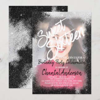 Black Silver Glitter Border Photo Sweet Sixteen Invitation