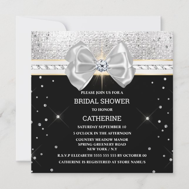Black silver glitter bow shimmer sparkle elegant invitation (Front)