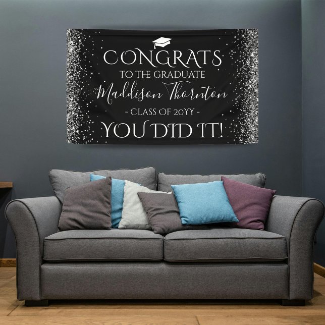 Black & Silver Glitter Congrats Graduation Banner (Creator Uploaded)