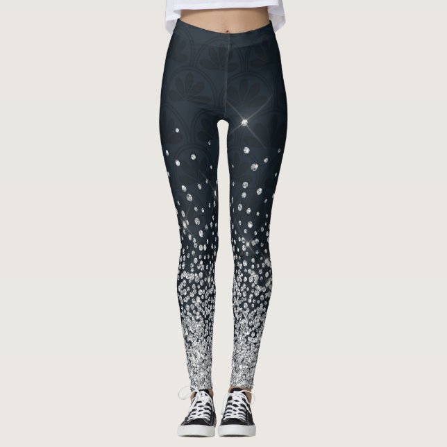 Black Silver Glitter Diamond Sparkly  Leggings (Front)