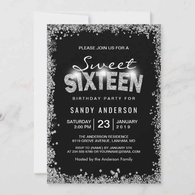 Black Silver Glitter Diamond Sweet 16 Sixteen Invitation (Front)