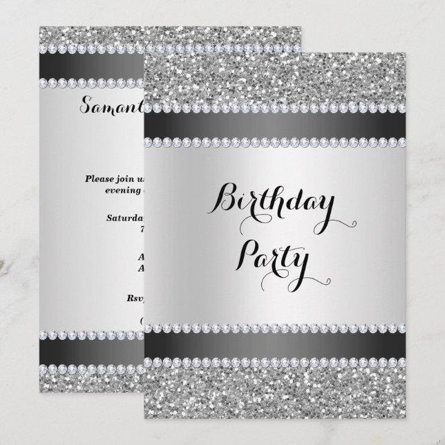 Black & Silver, Glitter & Diamonds Birthday Invitation (Front/Back)
