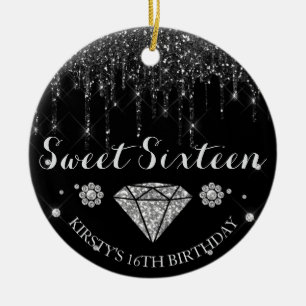 Black Silver Glitter Drip Diamond Sweet Sixteen Ceramic Ornament