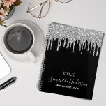 Black silver glitter drips 2025 planner<br><div class="desc">A chic black background with trendy faux silver glitter drips, paint dripping look. Personalize and add a year, name and a title. The name is written with a modern hand lettered style script with swashes. Perfect for school, work or organizing your personal/family life. To keep the swashes only delete the...</div>