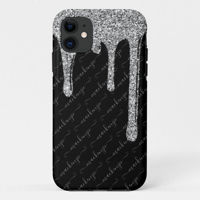 Black Silver Glitter Drips Handwritten Name Case-Mate iPhone Case (Back)