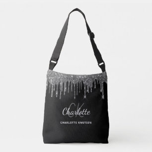 Black silver glitter drips monogram initials crossbody bag