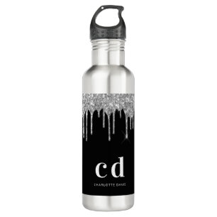 Black silver glitter drips monogram sparkle 710 ml water bottle