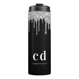 Black silver glitter drips monogram sparkle thermal tumbler