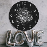 Black silver glitter dust metal name script large clock<br><div class="desc">A chic black background,  decorated with faux silver glitter dust.</div>