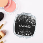 Black silver glitter dust monogram compact mirror<br><div class="desc">A chic black background. Decorated with faux silver glitter dust. Personalize and add your name. The name is written with a hand lettered style script.</div>