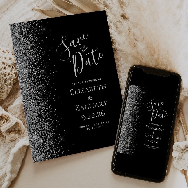 Black Silver Glitter Edge Save the Date Announcement (Creator Uploaded)