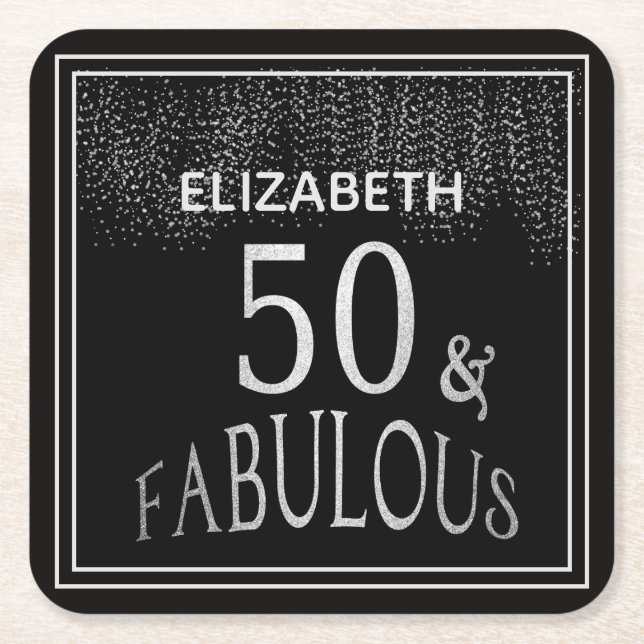 Black Silver Glitter Fifty and Fabulous Custom Square Paper Coaster (Front)