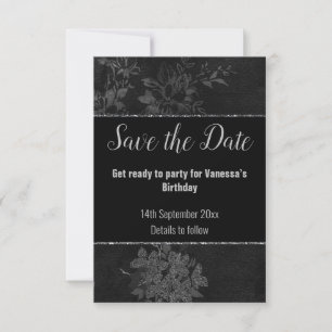 BLACK SILVER GLITTER FLORAL PATTERN SAVE THE DATE RSVP CARD