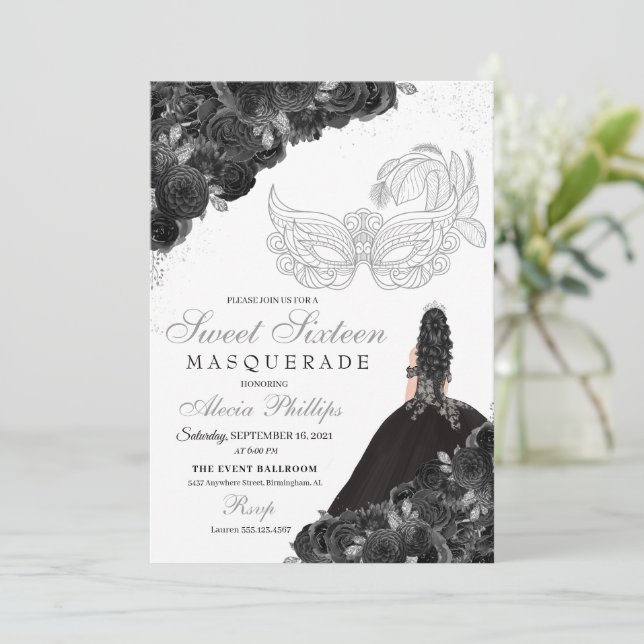 Black & Silver Glitter Floral Sweet 16 Masquerade Invitation (Standing Front)