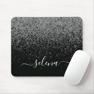 Black Silver Glitter Girly Monogram Mouse Pad