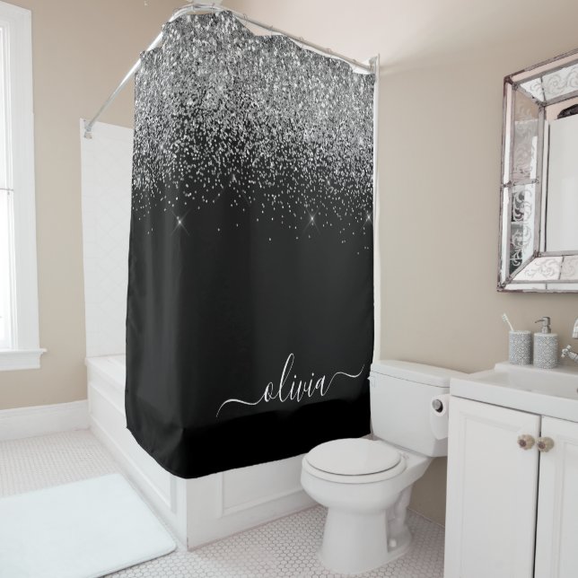 Black Silver Glitter Girly Monogram Name Bathroom (In Situ)