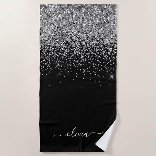 Black Silver Glitter Girly Monogram Name Beach Towel (Front)