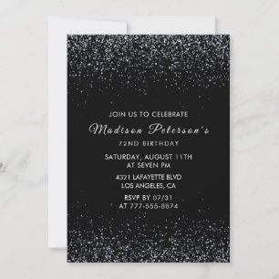 Black Silver Glitter Glam Chic 72nd birthday Invitation