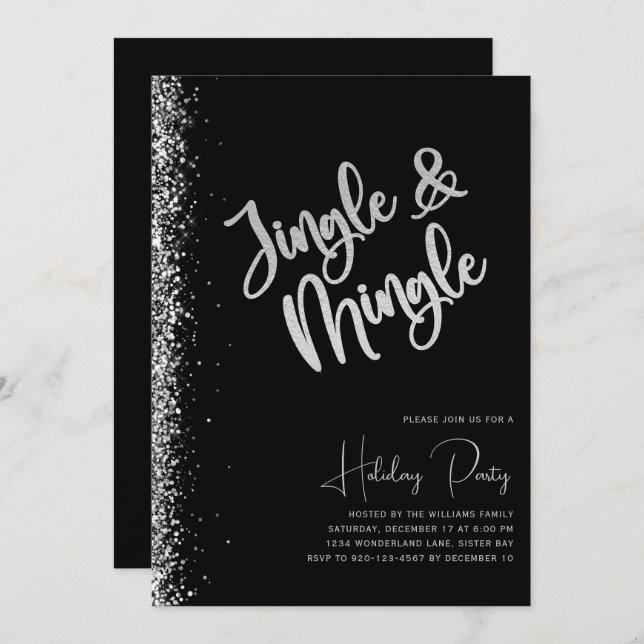 Black Silver Glitter Jingle Mingle Holiday Party Invitation (Front/Back)