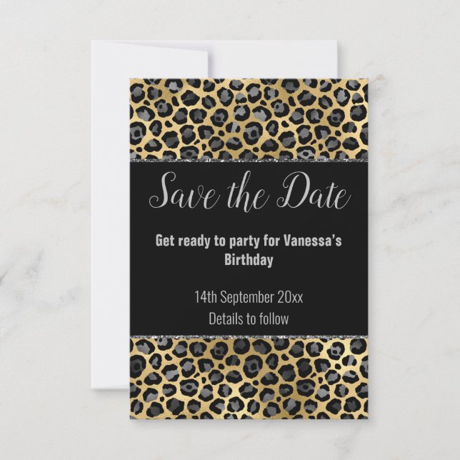 BLACK SILVER GLITTER LEOPARD SAVE THE DATE  RSVP CARD (Front)