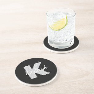 Black Silver Glitter letter K Coaster