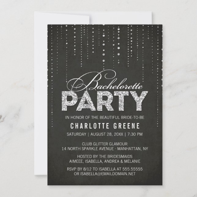 Black & Silver Glitter Look Bachelorette Party Invitation (Front)