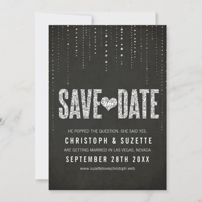 Black & Silver Glitter Look Save The Date (Front)