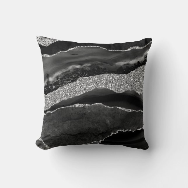 Black Silver Glitter Luxury Agate Geode Throw Pillow (Front)