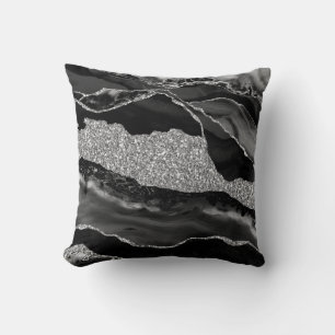 Black Silver Glitter Luxury Agate Geode Throw Pillow