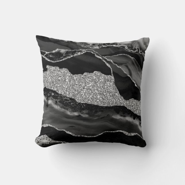 Black Silver Glitter Luxury Agate Geode Throw Pillow (Front)