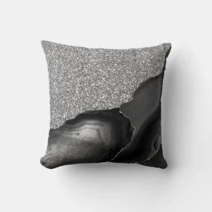 Black Silver Glitter Luxury Agate Geode Throw Pillow
