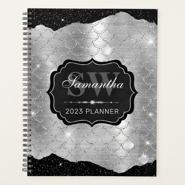 Black & Silver Glitter Mermaid Fish Scale Monogram Planner (Front)