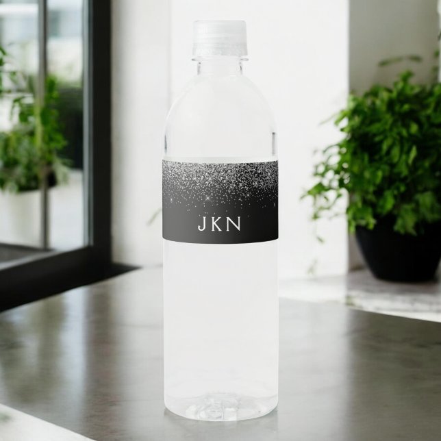 Black Silver Glitter Modern Monogram Name Water Bottle Label (Creator Uploaded)