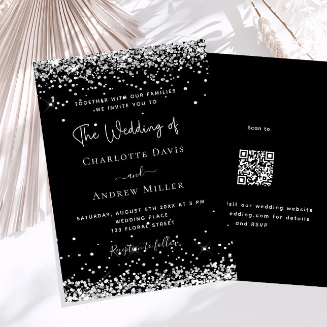 Black silver glitter modern QR code RSVP wedding Invitation (Creator Uploaded)