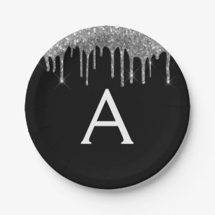 Black Silver Glitter Monogram Birthday Paper Plate
