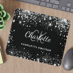 Black silver glitter monogram initails name mouse pad<br><div class="desc">A classic,  stylish black background. Decorated with faux silver glitter dust. Personalize and add your first name,  monogram initials and full name.</div>